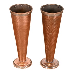 Joseph Heinrichs Style Arts and Crafts Hand Hammered Copper Vases, Pair