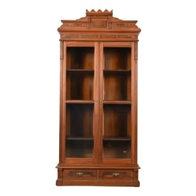 Herter Brothers Style Antique Eastlake Victorian Carved Burled Walnut Bookcase, Circa 1880s