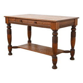 R. J. Horner Style Antique Victorian Tiger Oak Writing Desk or Library Table, Circa 1890s (1 of 12)