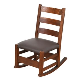 Signed Gustav Stickley Antique Mission Oak Arts & Crafts Sewing Rocking Chair, Circa 1900