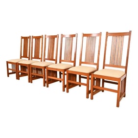 Stickley Mission Arts & Crafts Cherry Wood High Back Spindle Dining Chairs, Set of Six