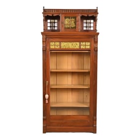 Herter Brothers Style Antique Eastlake Victorian Carved Walnut Bookcase, Circa 1880s