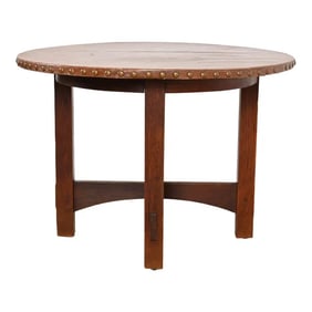 Gustav Stickley Antique Mission Oak Arts & Crafts Leather Top Center Table or Breakfast Table, Circa
