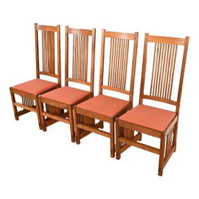 Stickley Style Mission Oak Arts & Crafts High Back Spindle Dining Chairs, Set of Four (1 of 11)