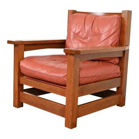 Stickley Mission Arts & Crafts Oak and Leather Lounge Chair (1 of 12)