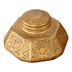 Tiffany Studios New York Zodiac Bronze Dore Large Inkwell