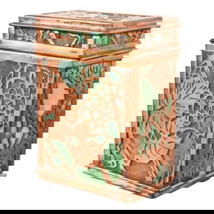 Tiffany Studios New York Grapevine Bronze and Slag Glass Double Card Box: A gorgeous and very rare antique Art Deco or Arts & Crafts period bronze and slag glass "Grapevine" pattern double playing-card case or box By Tiffany Studios New York, USA, Early 20th Century Measure