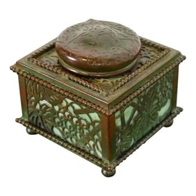 Tiffany Studios New York Grapevine Bronze and Slag Glass Inkwell