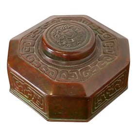Tiffany Studios New York Zodiac Patinated Bronze Inkwell, Circa 1910