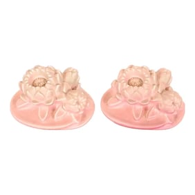 Rookwood Pottery Art Nouveau Glazed Ceramic Pink Lotus Flower Bookends, 1930