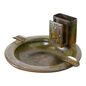 Heintz Arts & Crafts Sterling Silver on Bronze Ashtray With Match Box Holder