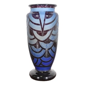 Art Deco Nénuphars Blue Glass Vase by Charles Schneider for Le Verre Français, 1920s