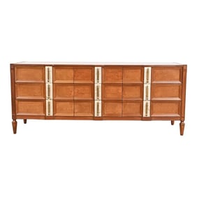 Romweber Mid-Century Hollywood Regency Burl Wood and Travertine Triple Dresser or Credenza