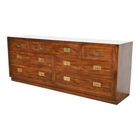 Henredon Mid-Century Modern Hollywood Regency Campaign Oak Long Dresser, 1970s