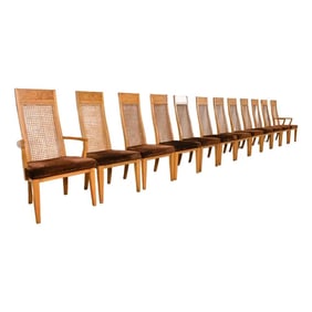 Milo Baughman Style Mid-Century Modern Burl Wood and Cane High Back Dining Chairs by Lane, 1970s