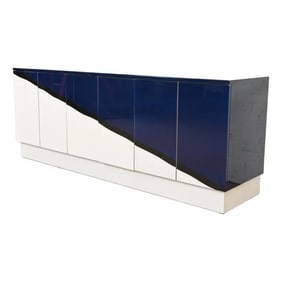 Directional Postmodern Blue and White Lacquered Sideboard Credenza or Bar Cabinet