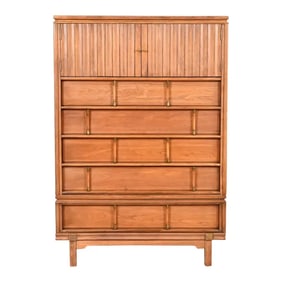 Thomasville Mid-Century Modern Hollywood Regency Sculpted Walnut Gentleman's Chest or Highboy
