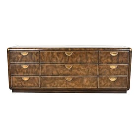 William Doezema for Mastercraft Hollywood Regency Campaign Burl Wood and Brass Nine-Drawer Dresser