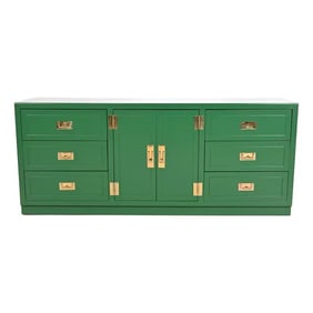Henredon Style Mid-Century Hollywood Regency Campaign Green Lacquered Dresser, Newly Refinished