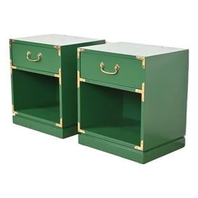 Drexel Mid-Century Hollywood Regency Campaign Green Lacquered Nightstands, Newly Refinished