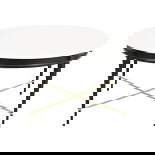 Paul McCobb Irwin Collection Black Lacquer and Brass Round Dining Table or Game Table: An exceptional Mid-Century Modern round dining table, game table, or center table By Paul McCobb for Directional and produced by Calvin Furniture, "Irwin Collection" USA, 1950s Black lacquered mahogan