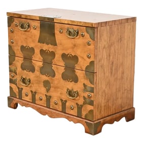Baker Furniture Hollywood Regency Chinoiserie Korean Tansu Walnut and Brass Nightstand or Commode