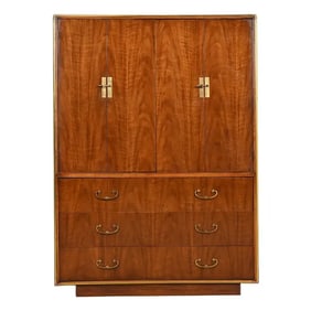 Drexel Heritage Hollywood Regency Campaign Walnut and Brass Gentleman's Chest or Armoire Dresser