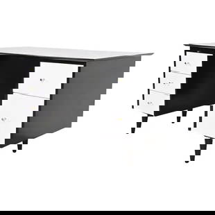 Paul McCobb Planner Group Black and White Lacquered Double Pedestal Desk, Newly Refinished: An exceptional Mid-Century Modern double pedestal executive writing desk. By Paul McCobb for Winchendon Furniture, "Planner Group". USA, 1950s. Solid black and white lacquered birch, with brass hardwa