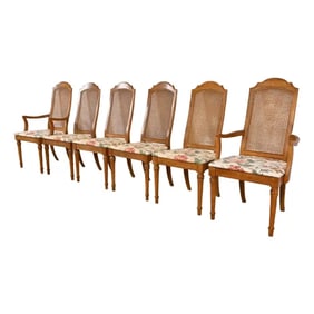 Drexel French Regency Louis XVI Carved Walnut and Cane Back Dining Chairs, Set of Six