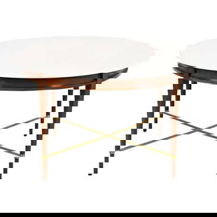 Paul McCobb Irwin Collection Mahogany and Brass Round Dining Table or Game Table, 1950s: An exceptional Mid-Century Modern round dining table, game table, or center table. By Paul McCobb for Directional and produced by Calvin Furniture, "Irwin Collection". USA, 1950s. Mahogany base, with
