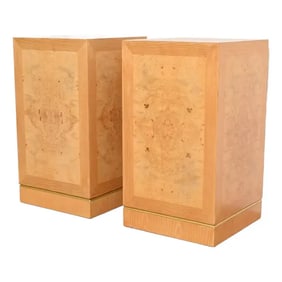 Milo Baughman Style Mid-Century Modern Burl Wood and Brass Pedestals by Drexel Heritage
