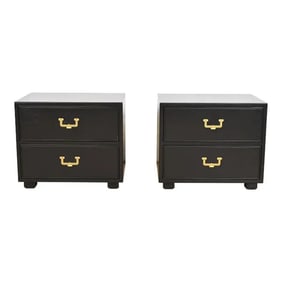 Henredon Mid-Century Hollywood Regency Campaign Black Lacquered Bedside Chests, Newly Refinished