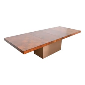 Milo Baughman for Thayer Coggin Burl Wood and Chrome Pedestal Extension Dining Table, 1970s