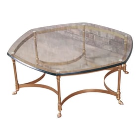 Labarge Hollywood Regency Brass and Glass Hooved Feet Cocktail Table, Circa 1960s