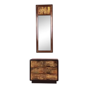 Bernhard Rohne for Mastercraft Acid Etched Brass Chest of Drawers and Wall Mirror, 1970s