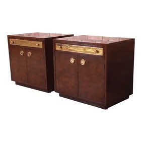 Bernhard Rohne for Mastercraft Burl Wood and Acid Etched Brass Bedside Chests, 1970s