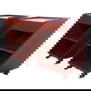 Gilbert Rohde for Herman Miller Art Deco Mahogany Nightstands, Newly Refinished: A gorgeous pair of Art Deco or mid-century modern mahogany nightstands By Gilbert Rohde for Herman Miller USA, 1930s Measures: 18"W x 12"D x 25.5"H. Newly refinished. Very good condition.
