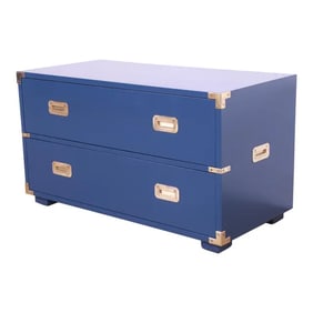 Henredon Mid-Century Hollywood Regency Campaign Style Blue Lacquered Chest of Drawers