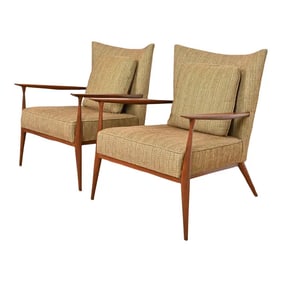 Paul McCobb for Directional Sculpted Walnut and Upholstered Lounge Chairs, Pair