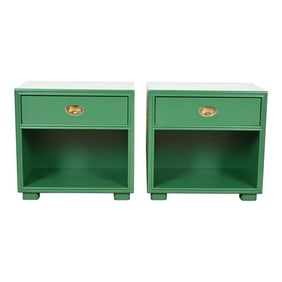 Drexel Mid-Century Hollywood Regency Campaign Green Lacquered Nightstands, Newly Refinished