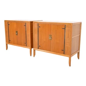 Mastercraft Mid-Century Modern Walnut and Brass Cabinets or Bedside Chests, Pair