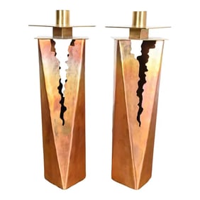 Paul Evans Style Brutalist Hand Wrought Copper Candlesticks, Circa 1970s