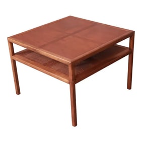 Michael Taylor for Baker Furniture Cherry Wood and Cane Two-Tier Coffee Table, Newly Refinished