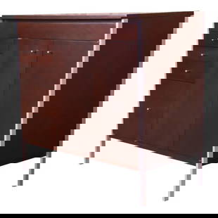 Paul McCobb Connoisseur Collection Mahogany Lift Top Bar Cabinet, Newly Refinished: A rare and exceptional mid-century modern lift top bar cabinet By Paul McCobb for H. Sacks & Sons, "Connoisseur Collection" USA, 1950s Mahogany, with aluminum legs and hardware. Measures: 36"W x 18"D