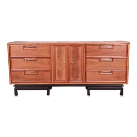 Merton Gershun for American of Martinsville Hollywood Regency Chinoiserie Walnut Triple Dresser