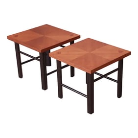 Baker Furniture Hollywood Regency Chinoiserie Walnut and Black Lacquer End Tables, Newly Refinished