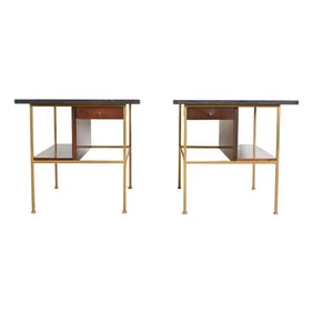Paul McCobb Irwin Collection Mahogany and Brass Marble Top Nightstands or End Tables, Pair