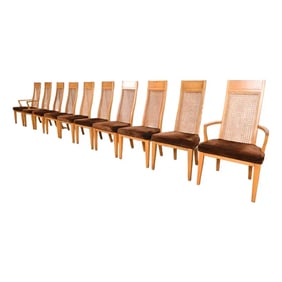 Milo Baughman Style Mid-Century Modern Burl Wood and Cane High Back Dining Chairs by Lane
