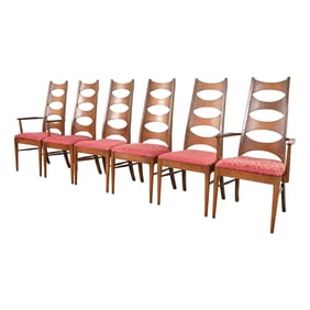 Kent Coffey Perspecta Mid-Century Modern Sculpted Walnut High Back Dining Chairs, Set of Six
