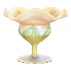 Louis Comfort Tiffany Favrile Iridescent Art Glass Pulled Feather Footed Bowl or Compote Dish